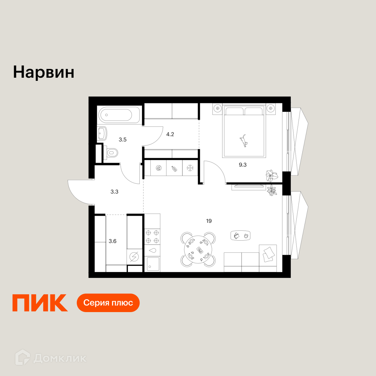 Планировка 1-комн. в ЖК «Нарвин»