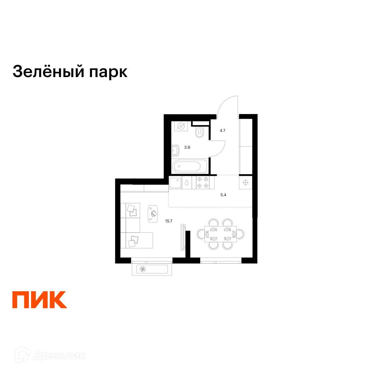 Планировка 1-комн. в ЖК «Зелёный парк»