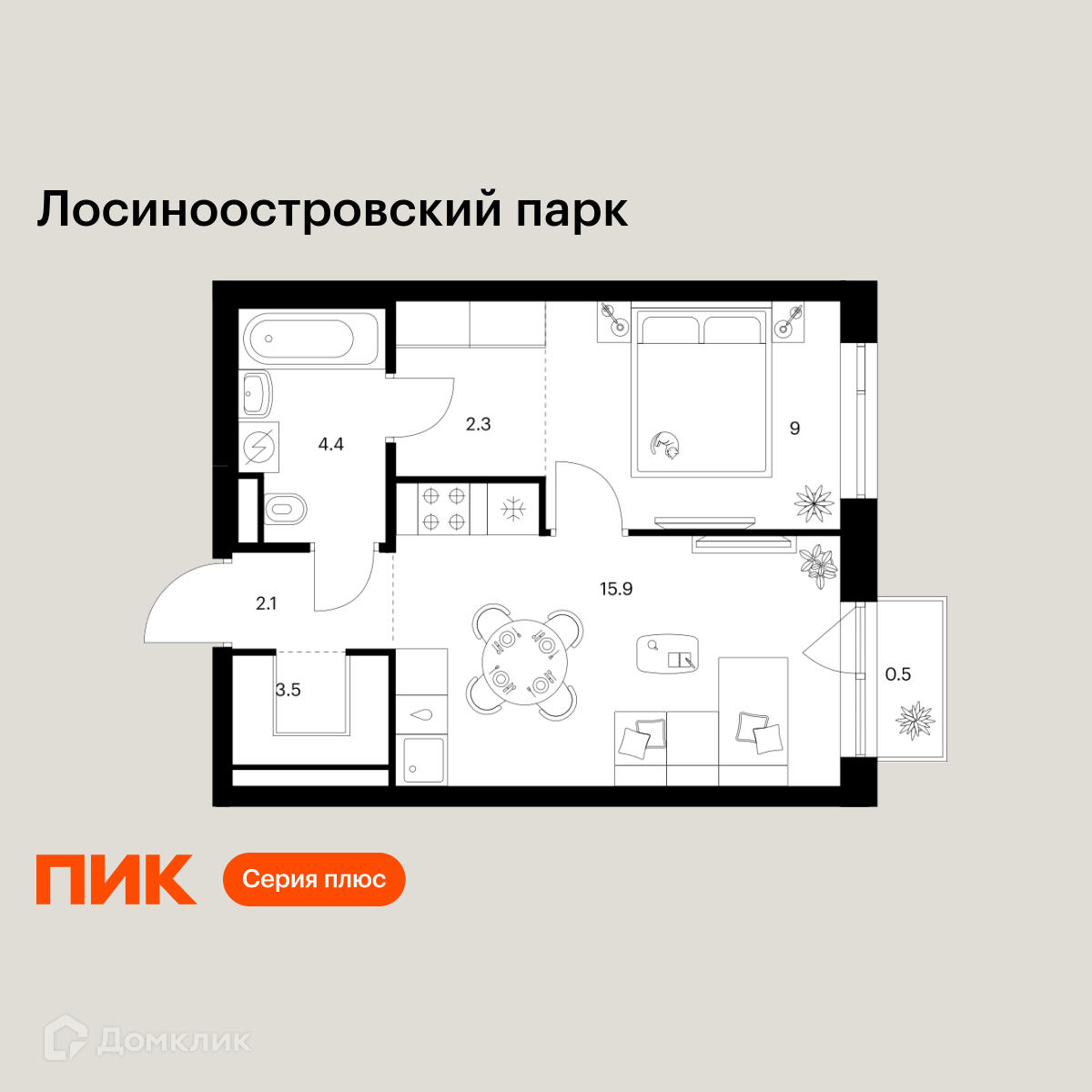 Планировка 1-комн. в ЖК «Лосиноостровский парк»
