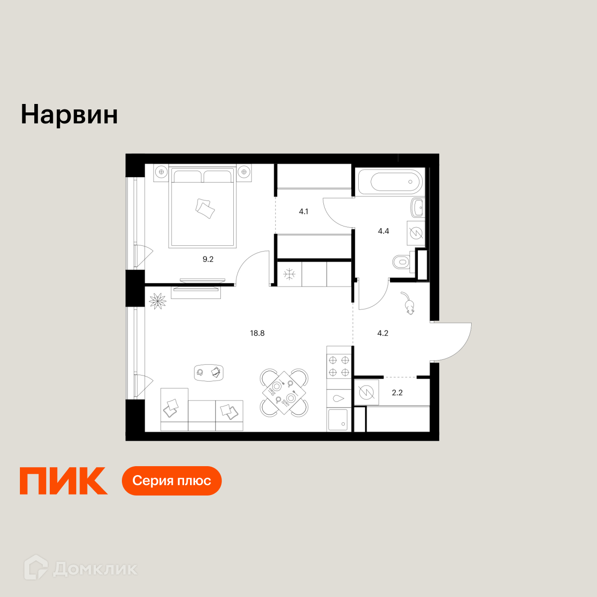 Планировка 1-комн. в ЖК «Нарвин»
