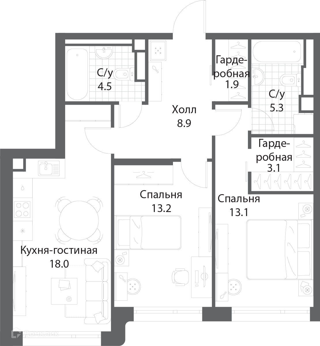 Планировка 2-комн. в ЖК «Нагатино Ай-Лэнд»