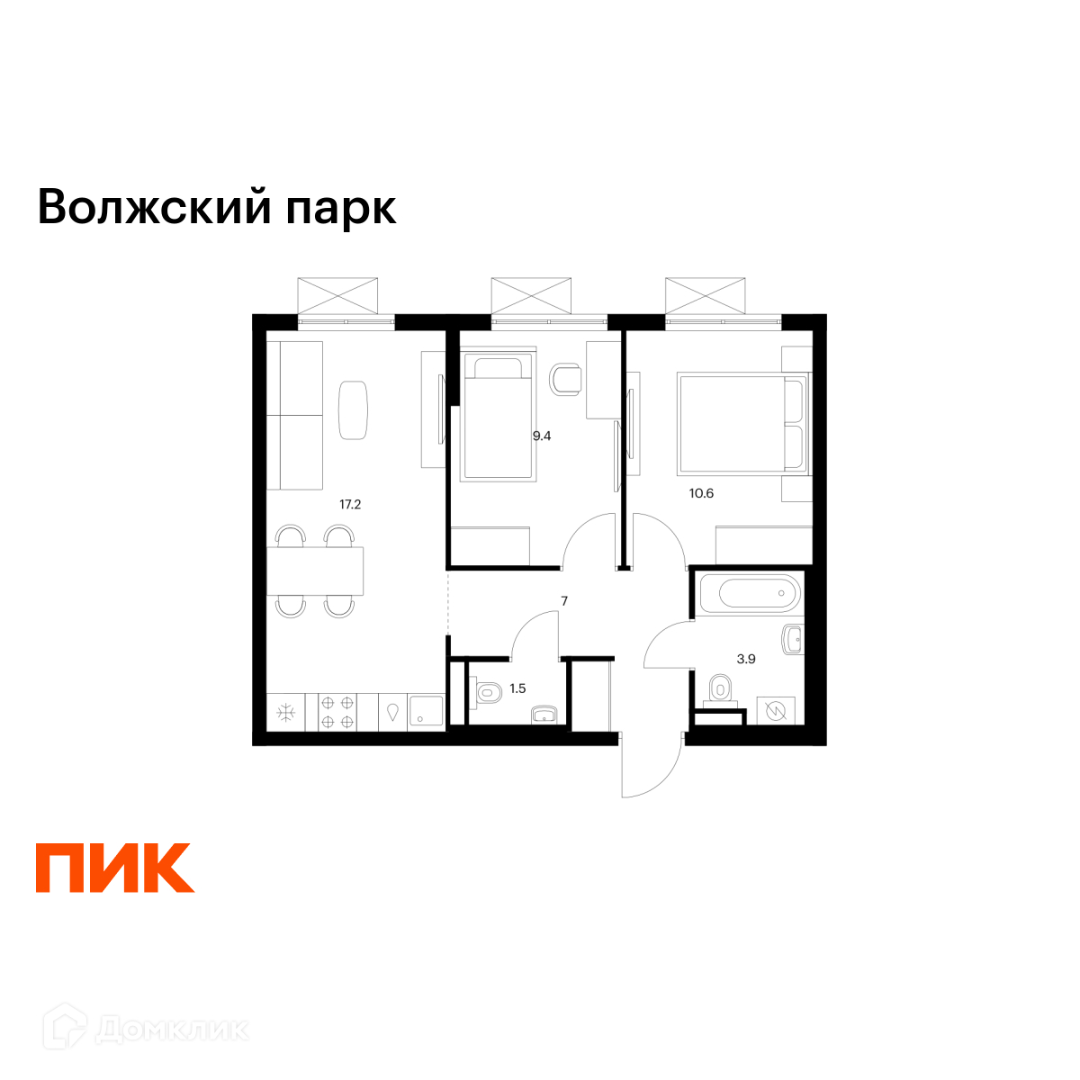 Планировка 2-комн. в ЖК «Волжский парк»