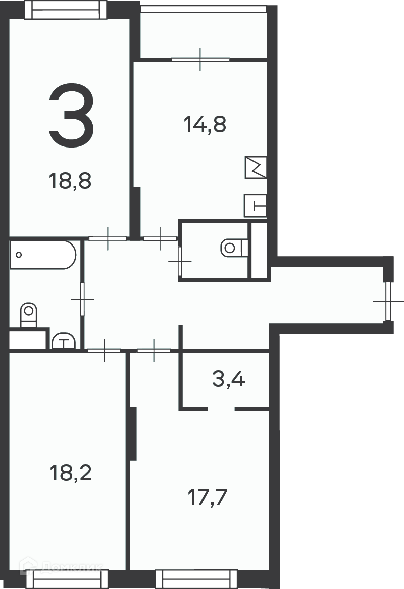Планировка 3-комн. в ЖК «Клинская ул., д. 2А, к. 7 (Московские кварталы)»