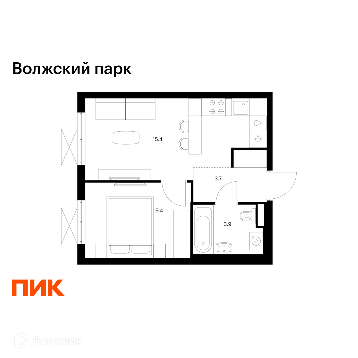 Планировка 1-комн. в ЖК «Волжский парк»