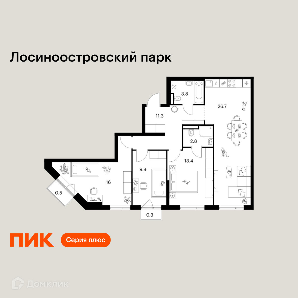 Планировка 3-комн. в ЖК «Лосиноостровский парк»