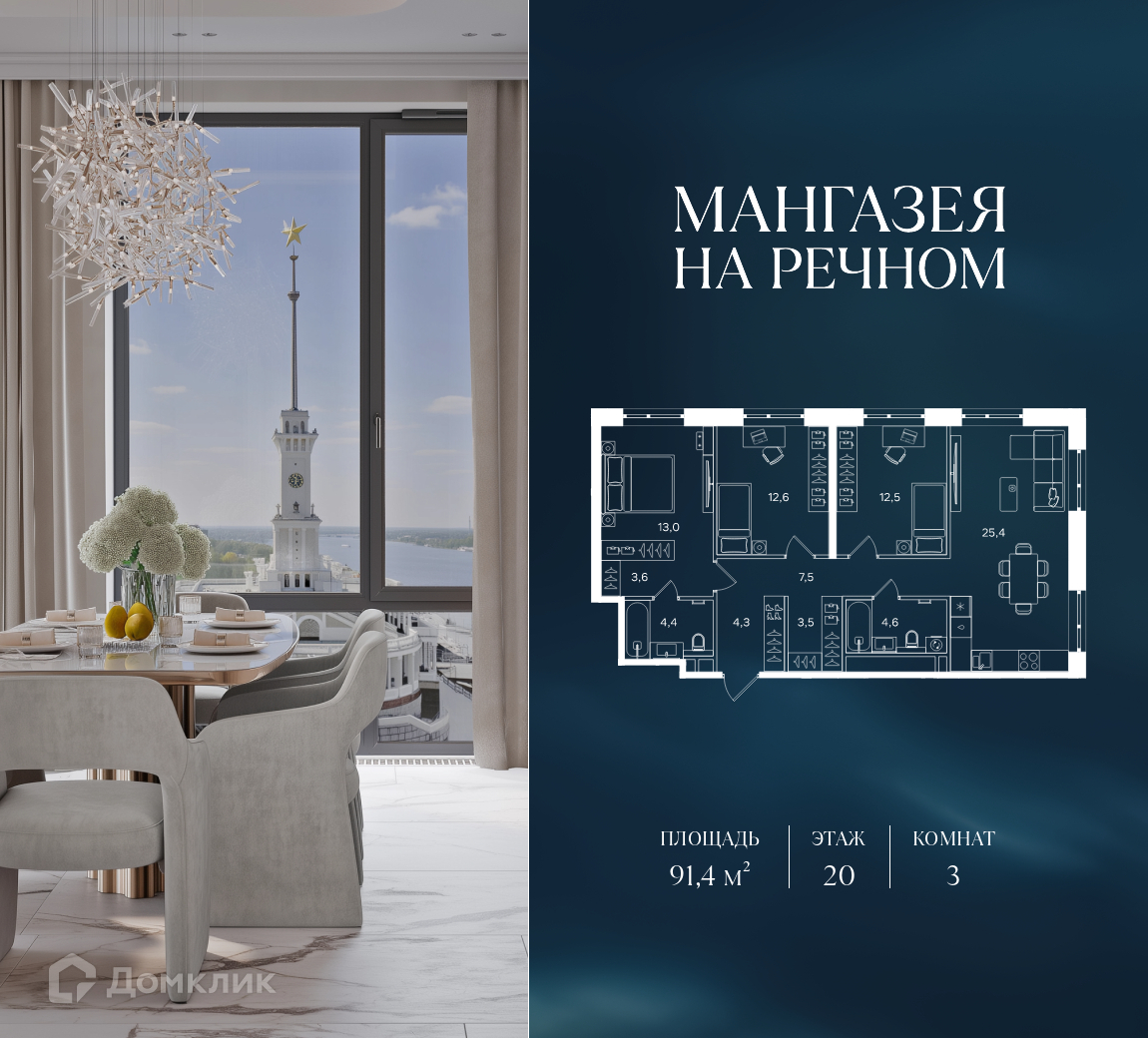 Планировка 3-комн. в ЖК «Мангазея на Речном»