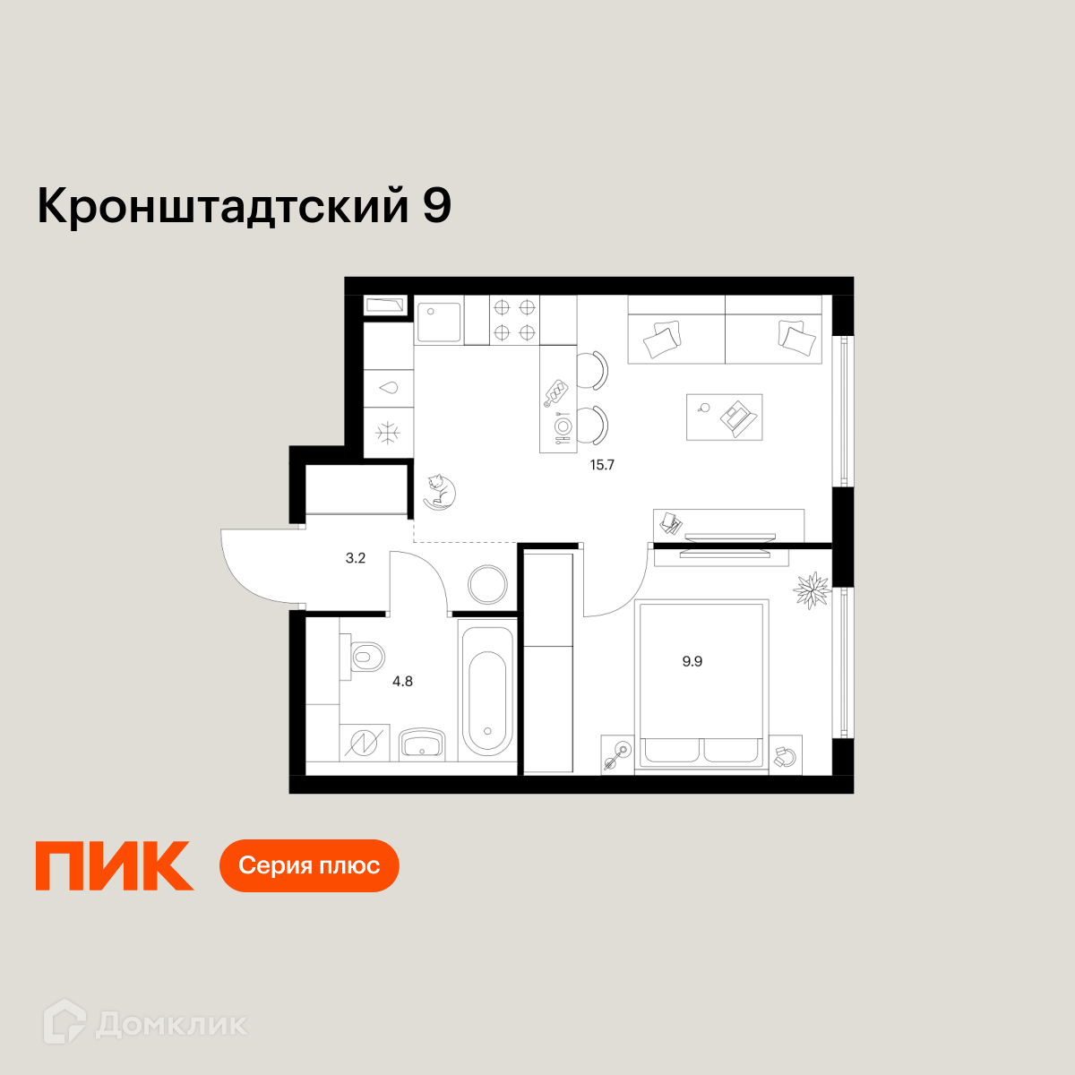 Планировка 1-комн. в ЖК «Кронштадтский 9»