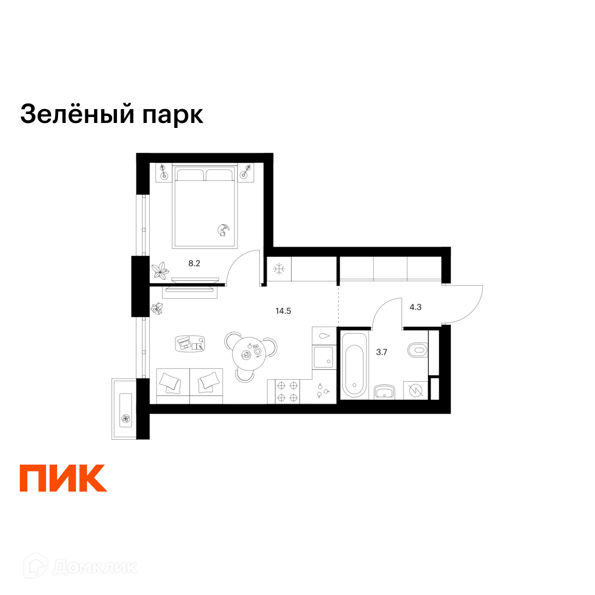 Планировка 1-комн. в ЖК «Зелёный парк»