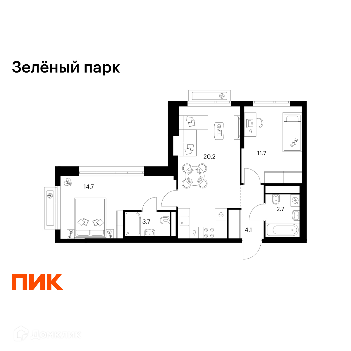 Планировка 2-комн. в ЖК «Зелёный парк»