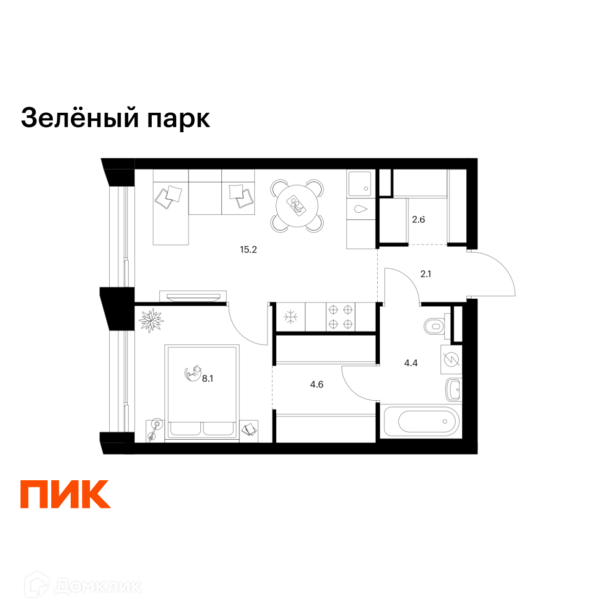 Планировка 1-комн. в ЖК «Зелёный парк»