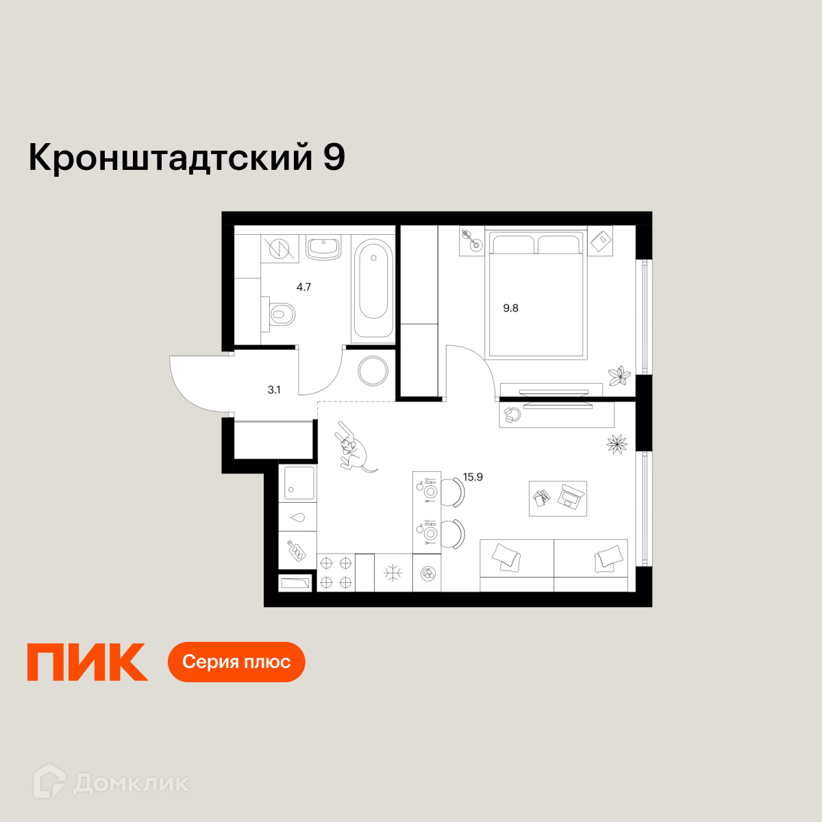 Планировка 1-комн. в ЖК «Кронштадтский 9»