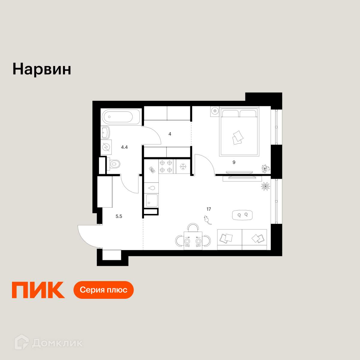 Планировка 1-комн. в ЖК «Нарвин»