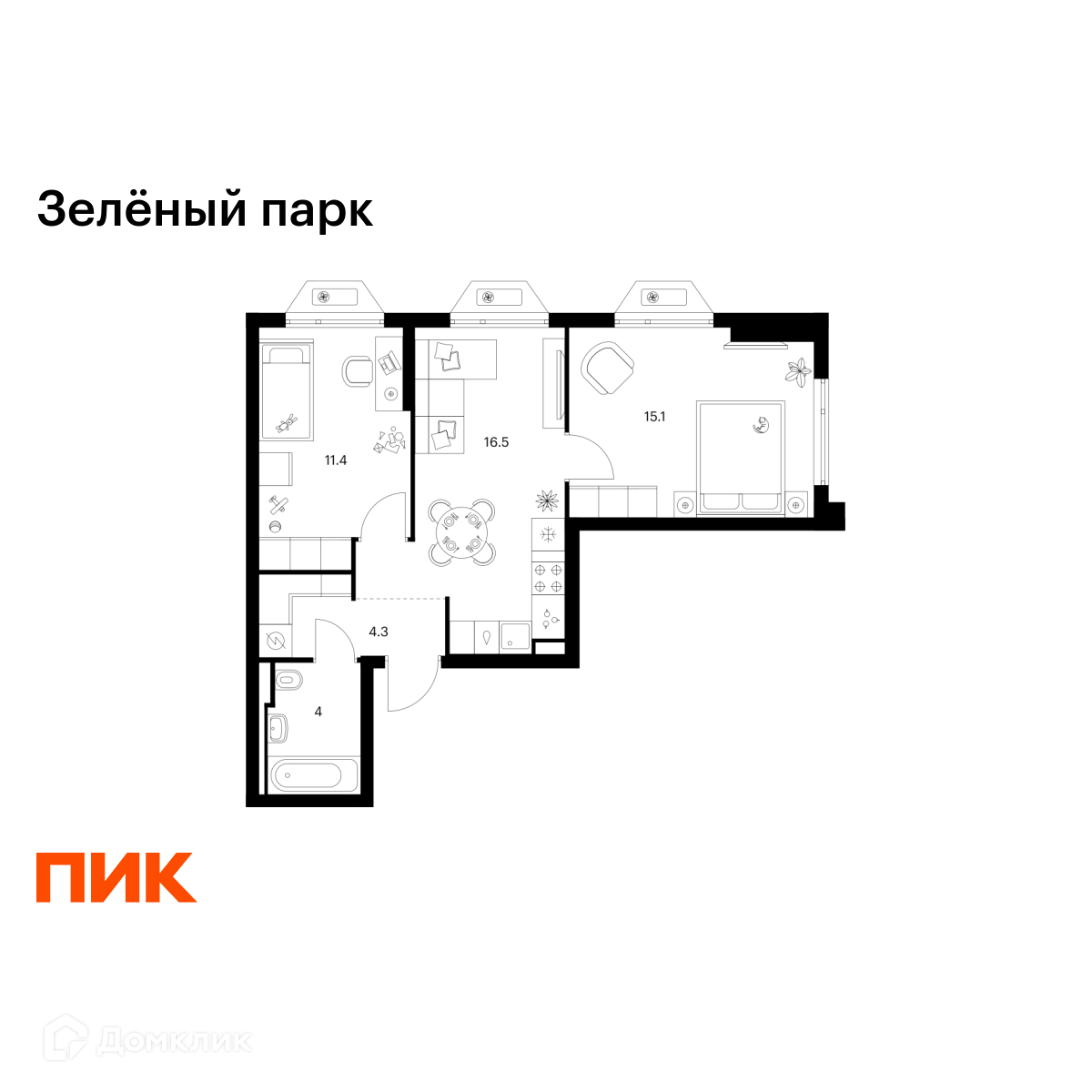 Планировка 2-комн. в ЖК «Зелёный парк»