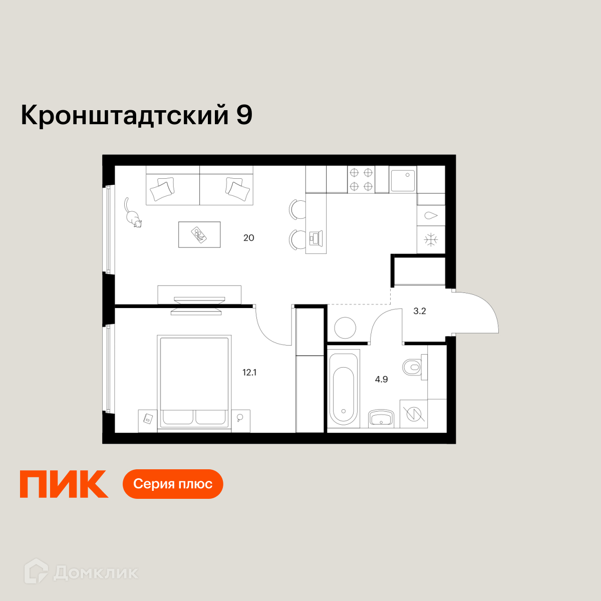 Планировка 1-комн. в ЖК «Кронштадтский 9»