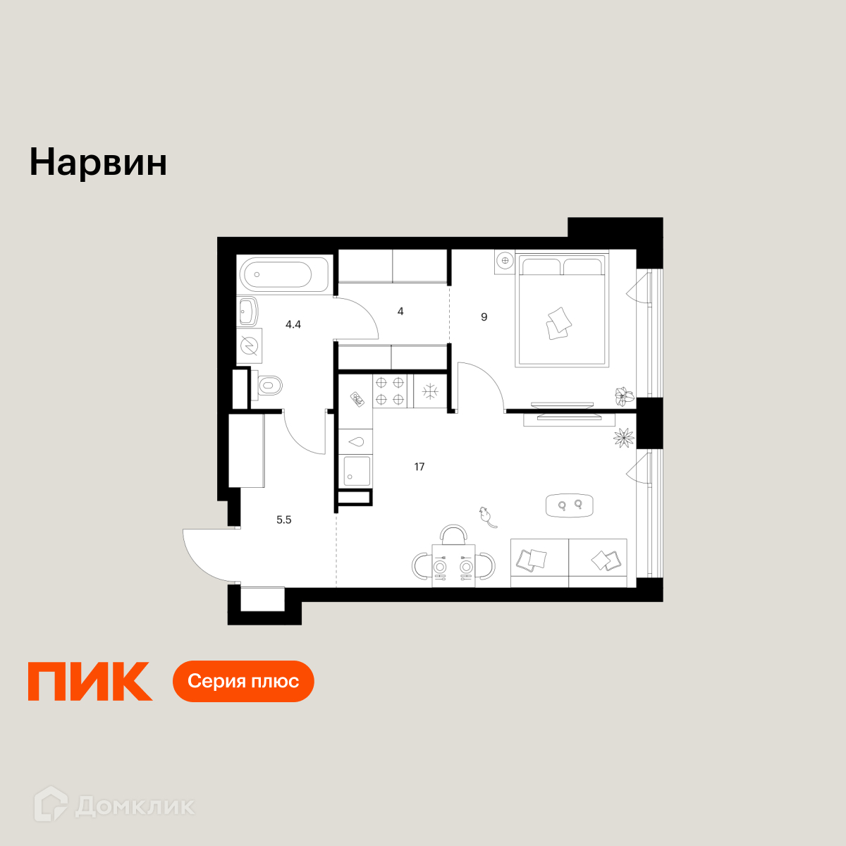 Планировка 1-комн. в ЖК «Нарвин»