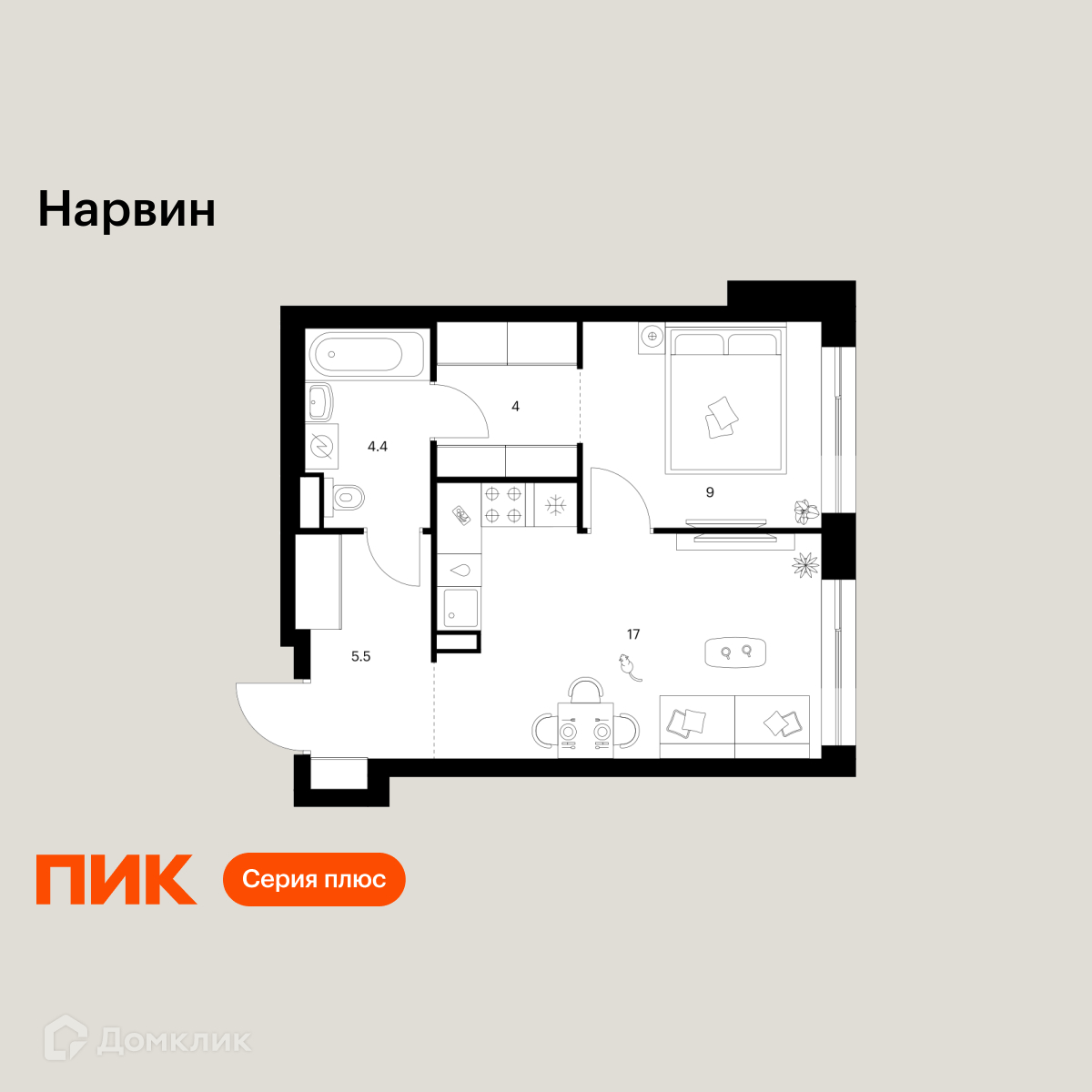 Планировка 1-комн. в ЖК «Нарвин»