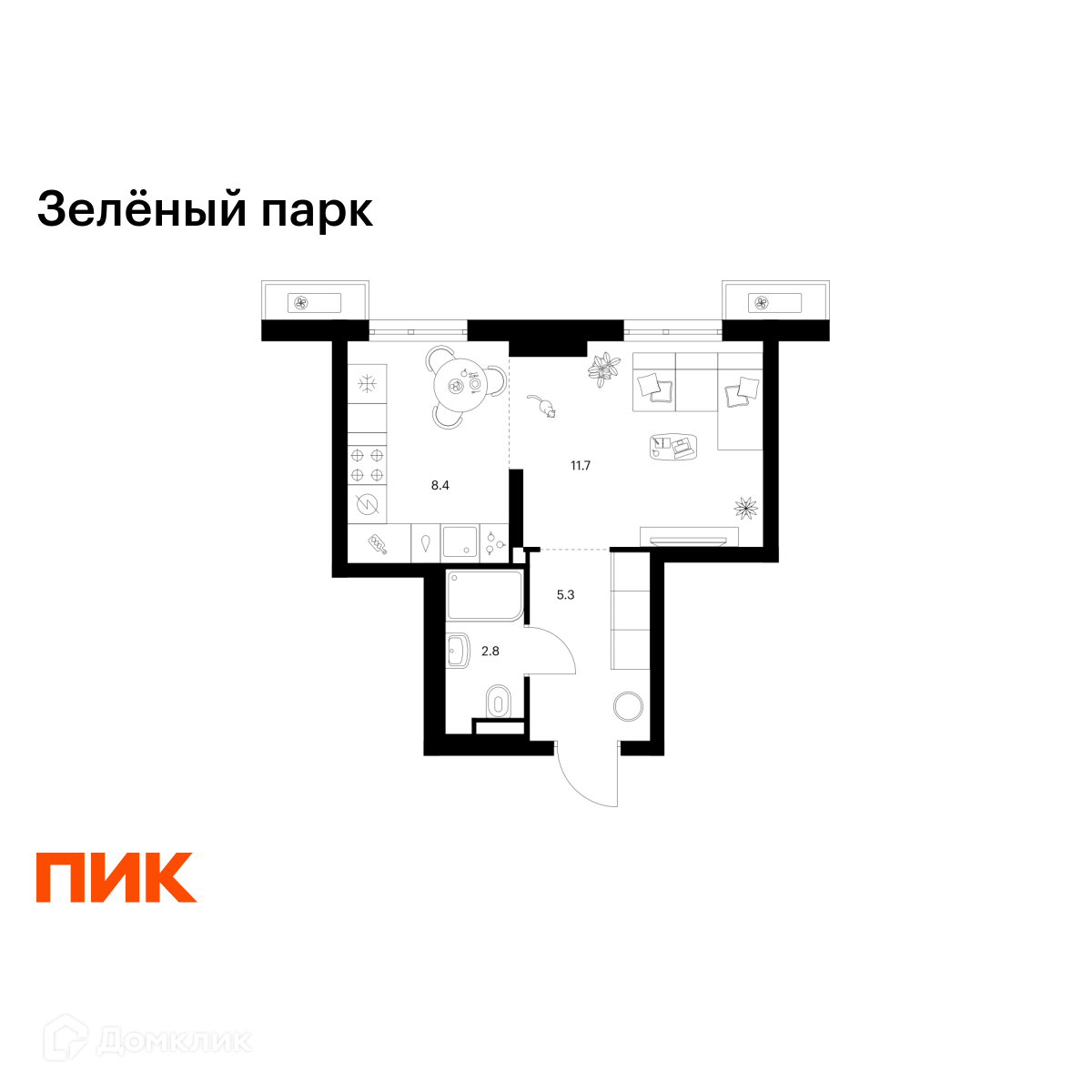 Планировка 1-комн. в ЖК «Зелёный парк»