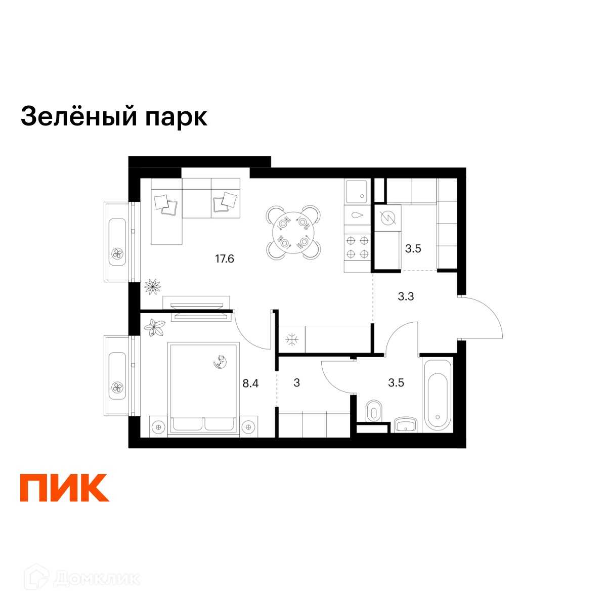 Планировка 1-комн. в ЖК «Зелёный парк»