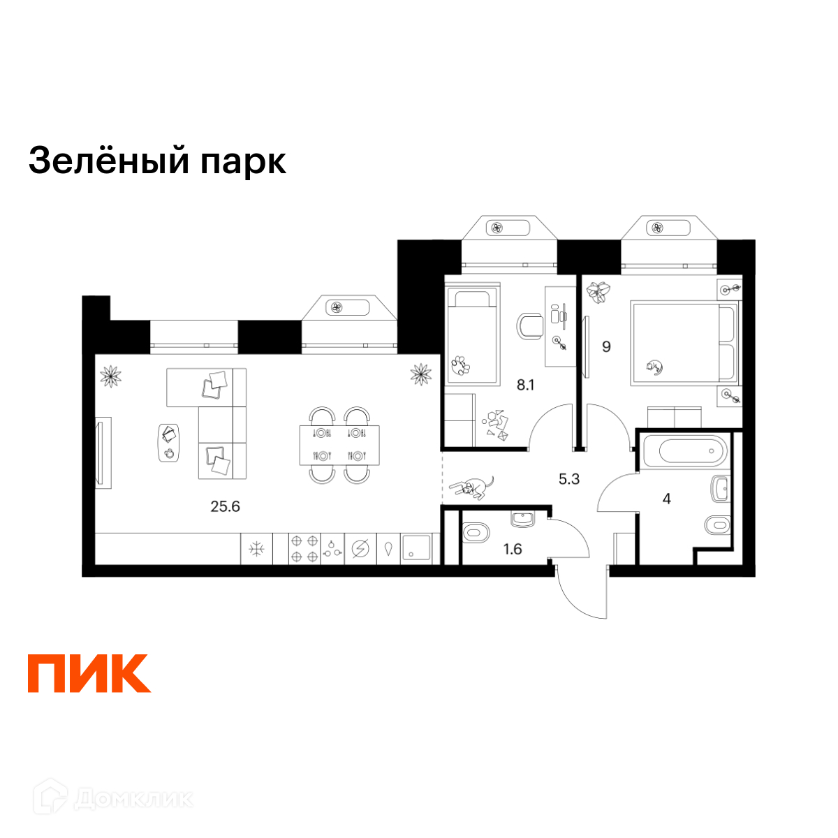 Планировка 2-комн. в ЖК «Зелёный парк»