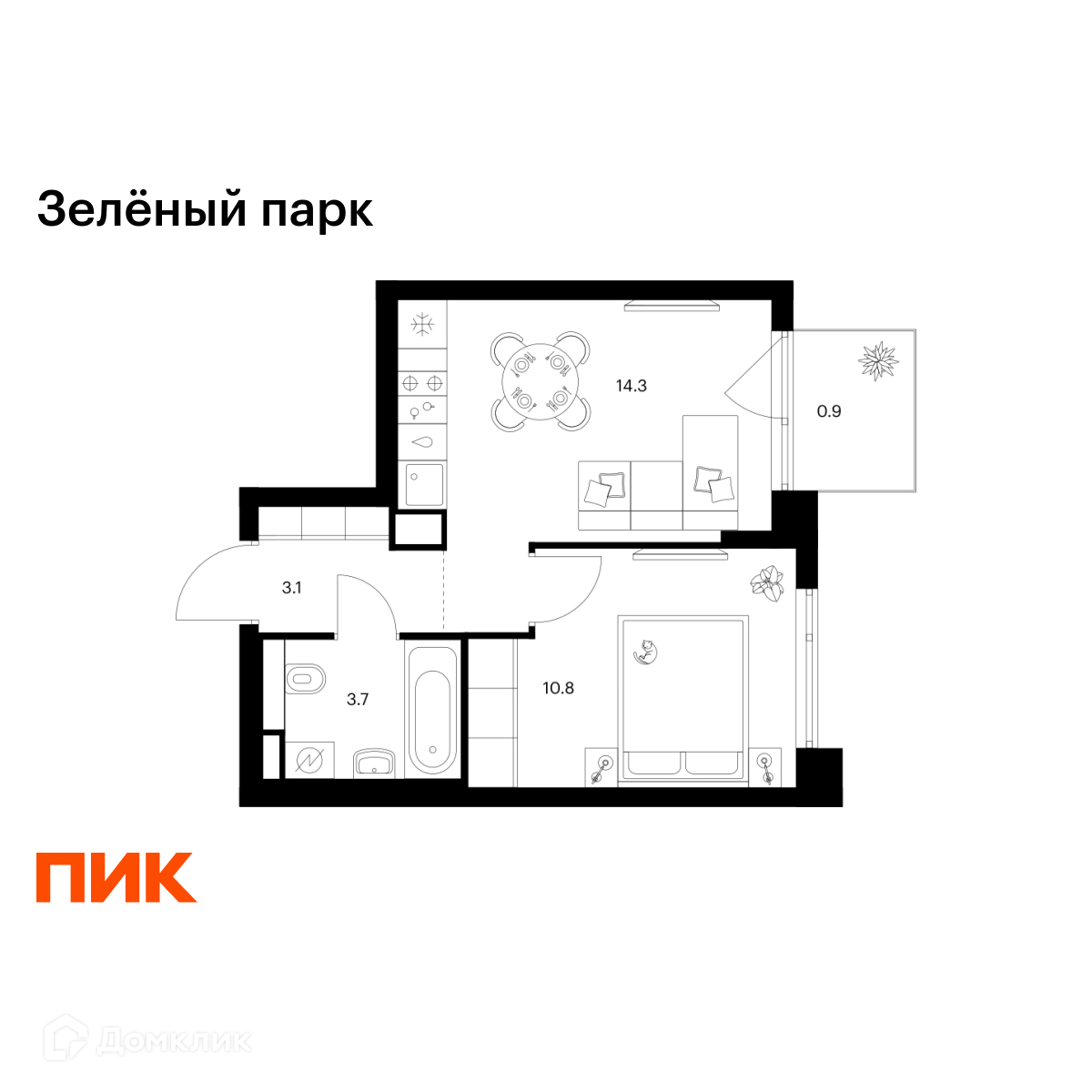 Планировка 1-комн. в ЖК «Зелёный парк»