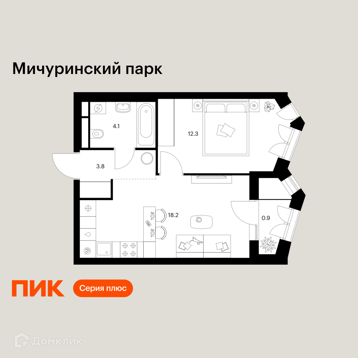 Планировка 1-комн. в ЖК «Мичуринский парк»