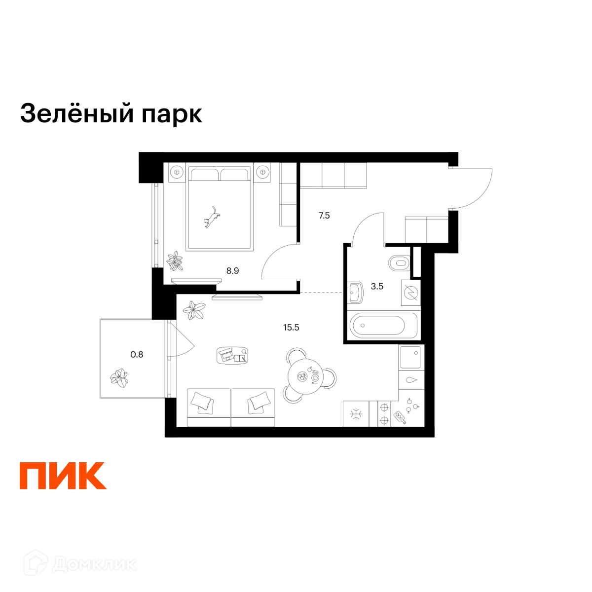 Планировка 1-комн. в ЖК «Зелёный парк»