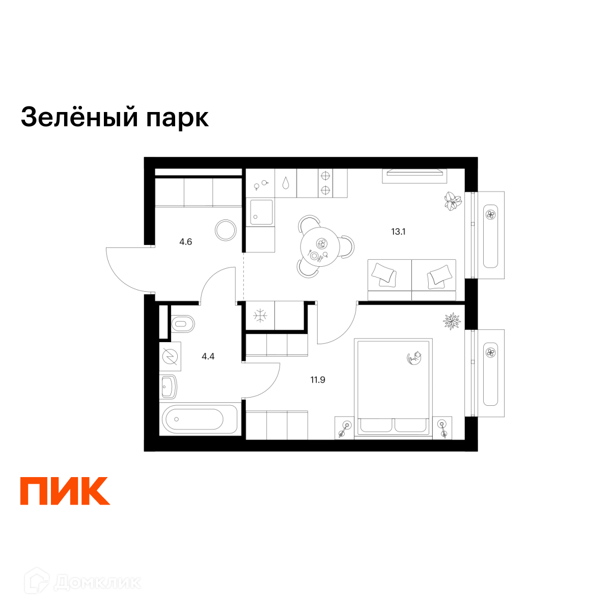 Планировка 1-комн. в ЖК «Зелёный парк»