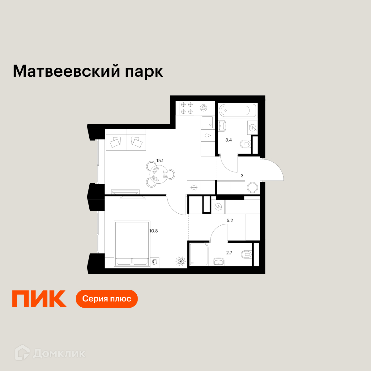 Планировка 1-комн. в ЖК «Матвеевский парк»