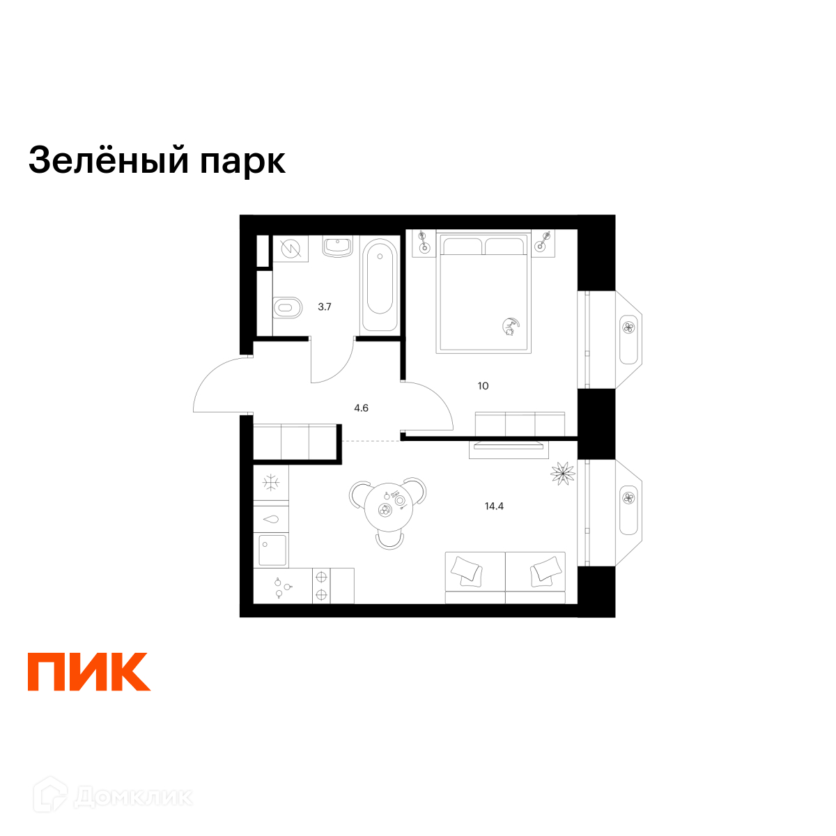 Планировка 1-комн. в ЖК «Зелёный парк»