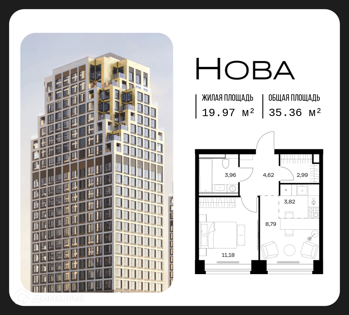 Планировка 1-комн. в ЖК «Нова»