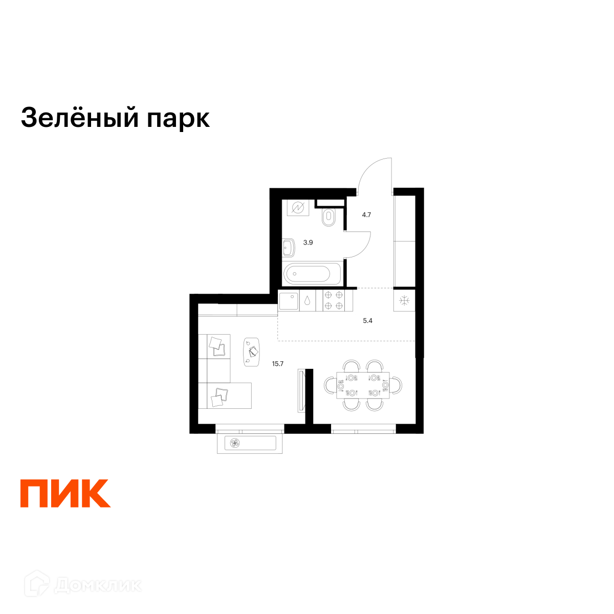Планировка 1-комн. в ЖК «Зелёный парк»