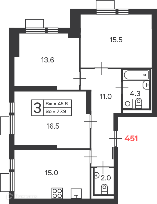 Планировка 3-комн. в ЖК «Дмитровское шоссе 89 (Московские кварталы)»