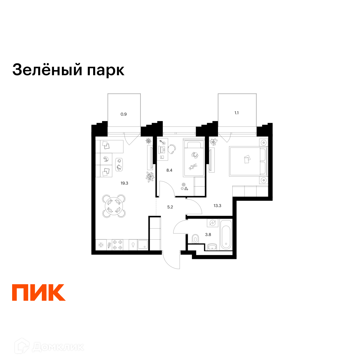 Планировка 2-комн. в ЖК «Зелёный парк»