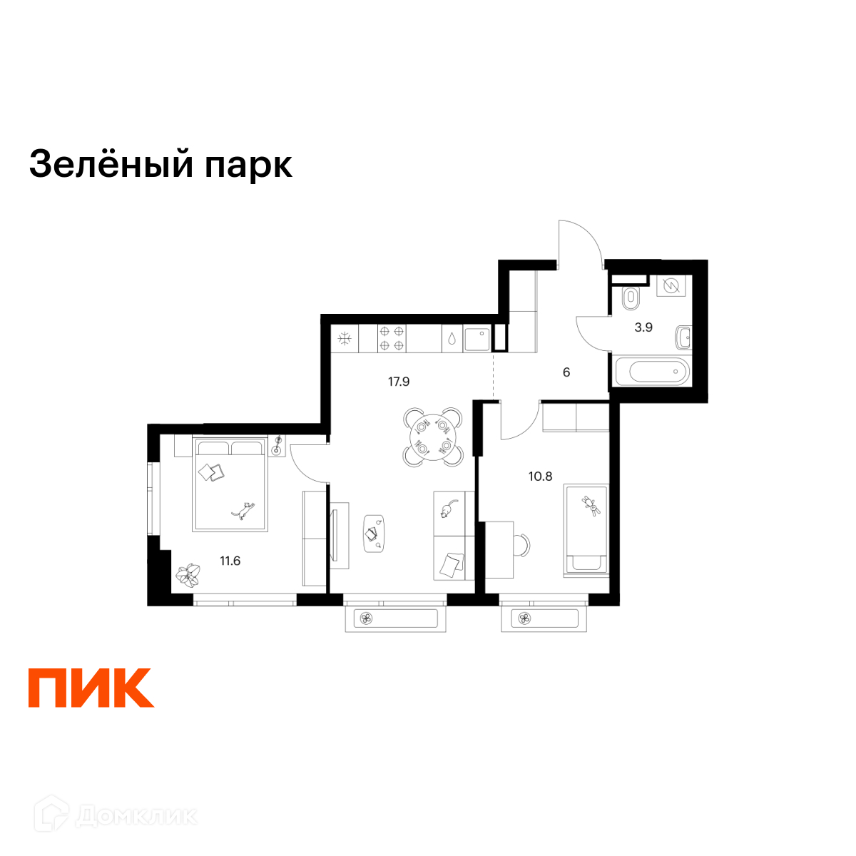 Планировка 2-комн. в ЖК «Зелёный парк»