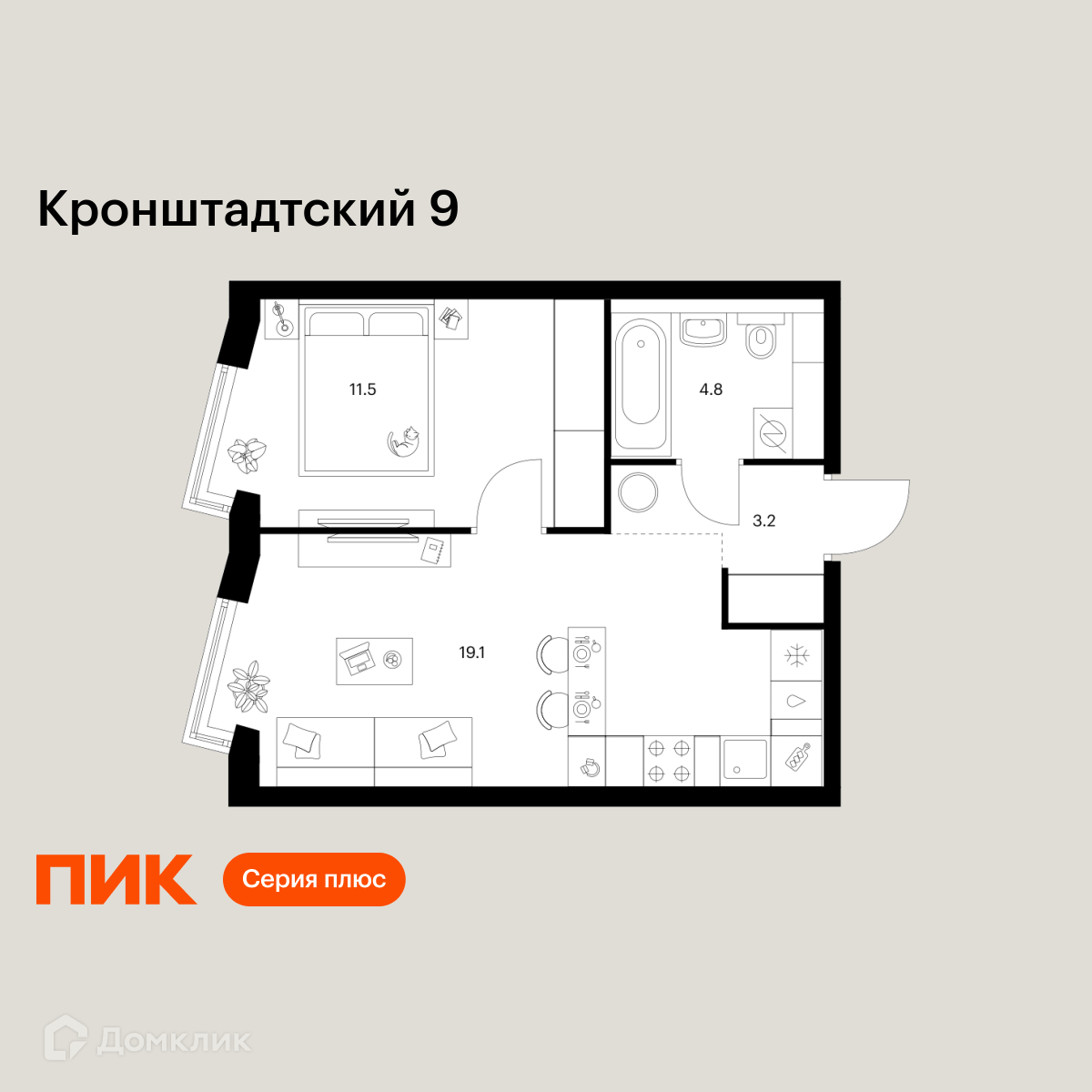 Планировка 1-комн. в ЖК «Кронштадтский 9»