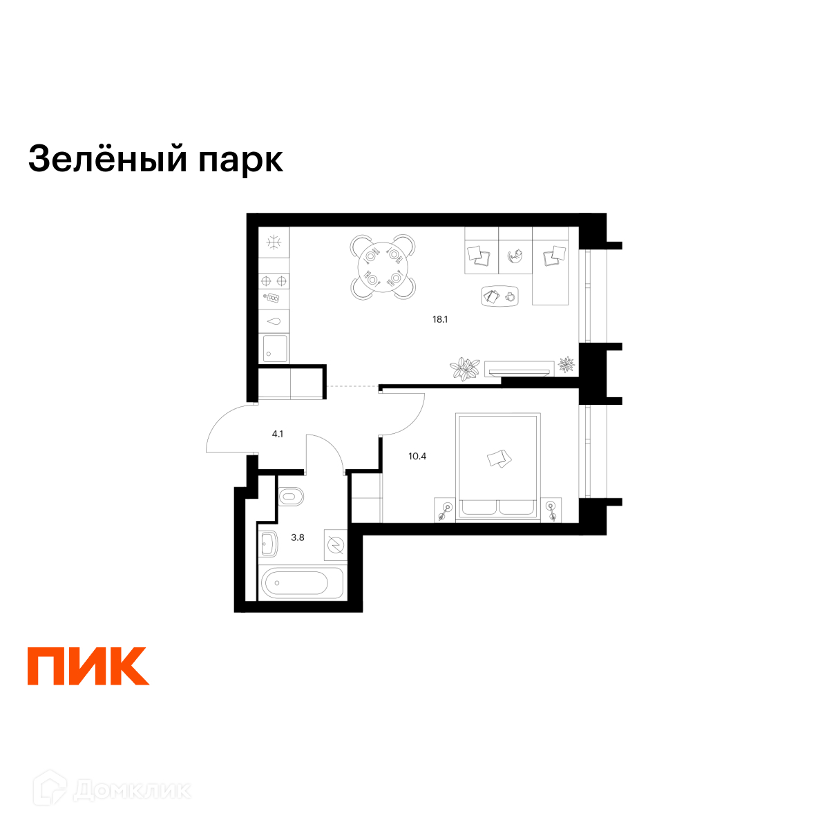 Планировка 1-комн. в ЖК «Зелёный парк»