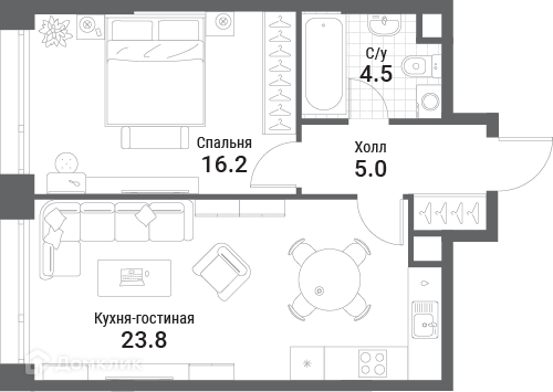 Планировка 1-комн. в ЖК «Нагатино Ай-Лэнд»