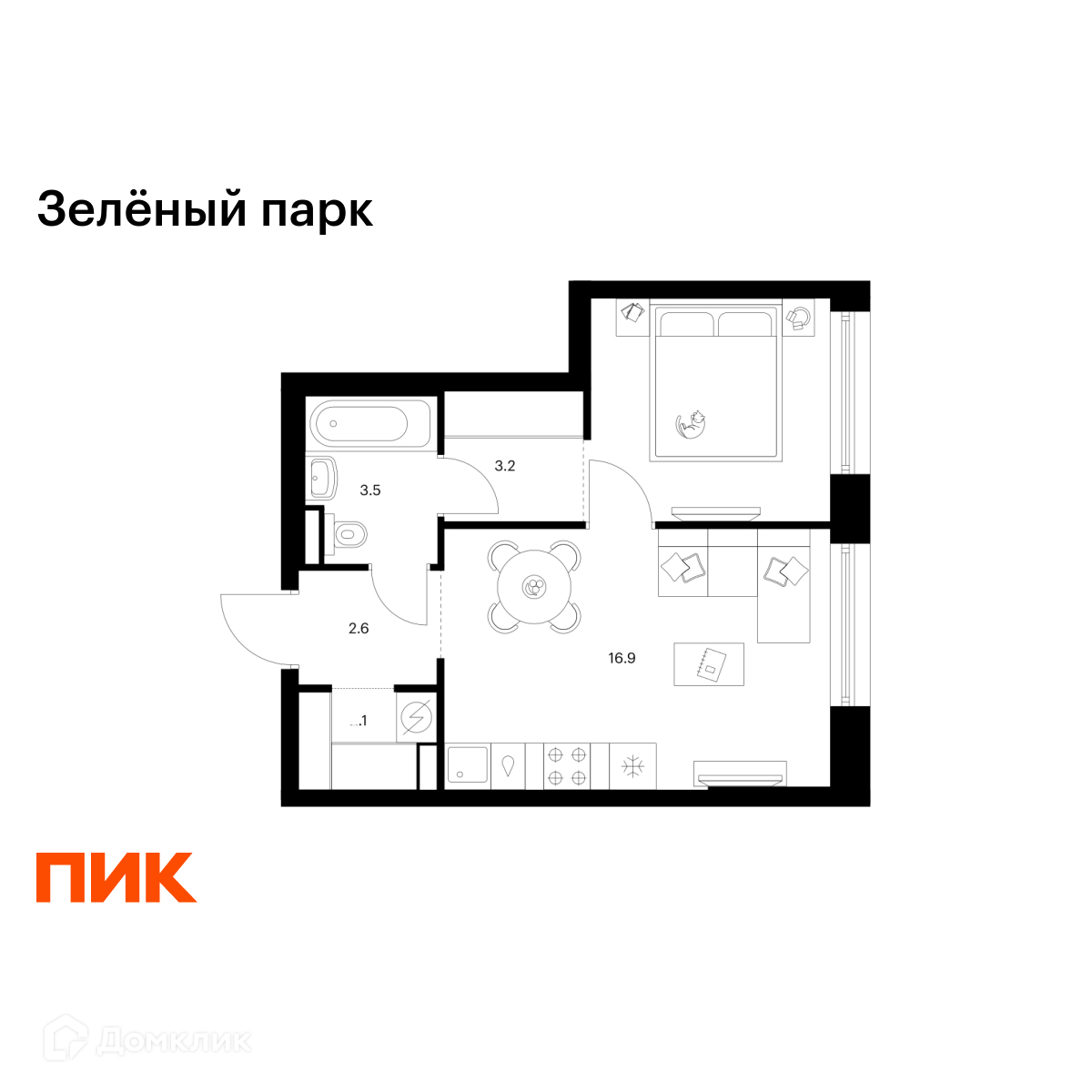 Планировка 1-комн. в ЖК «Зелёный парк»