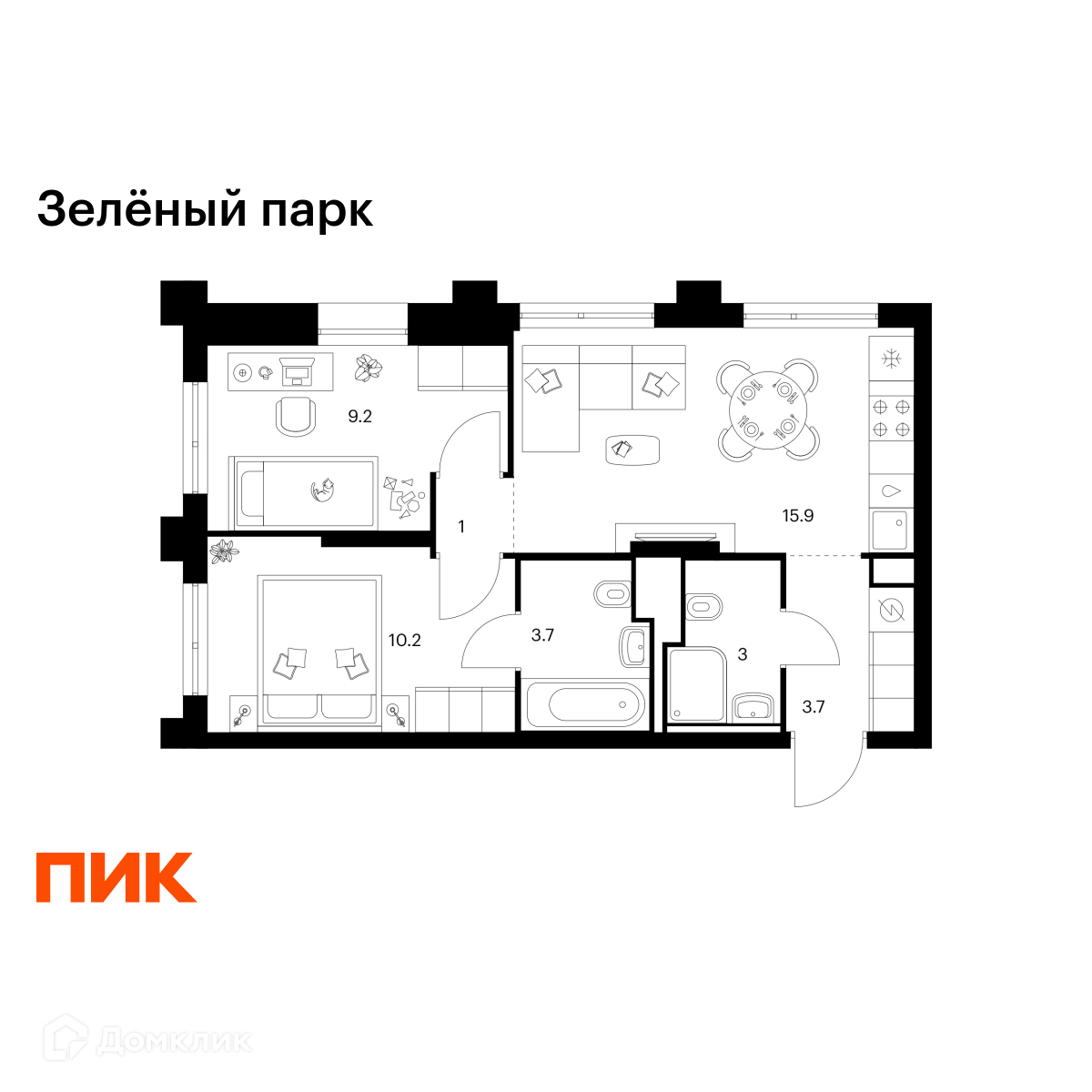 Планировка 2-комн. в ЖК «Зелёный парк»