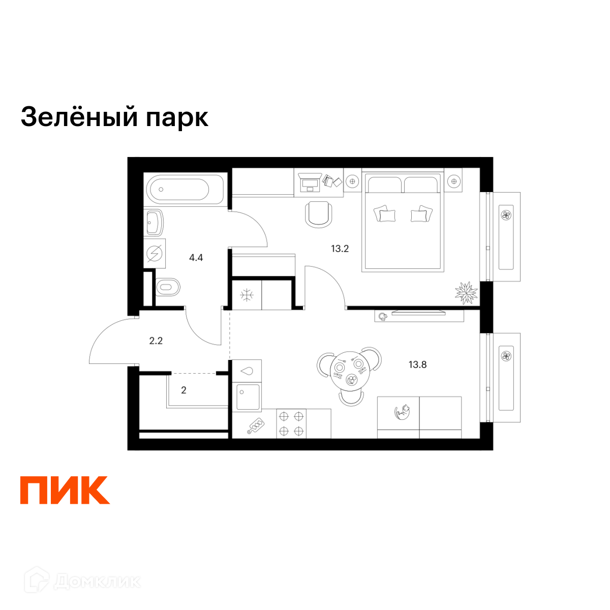 Планировка 1-комн. в ЖК «Зелёный парк»