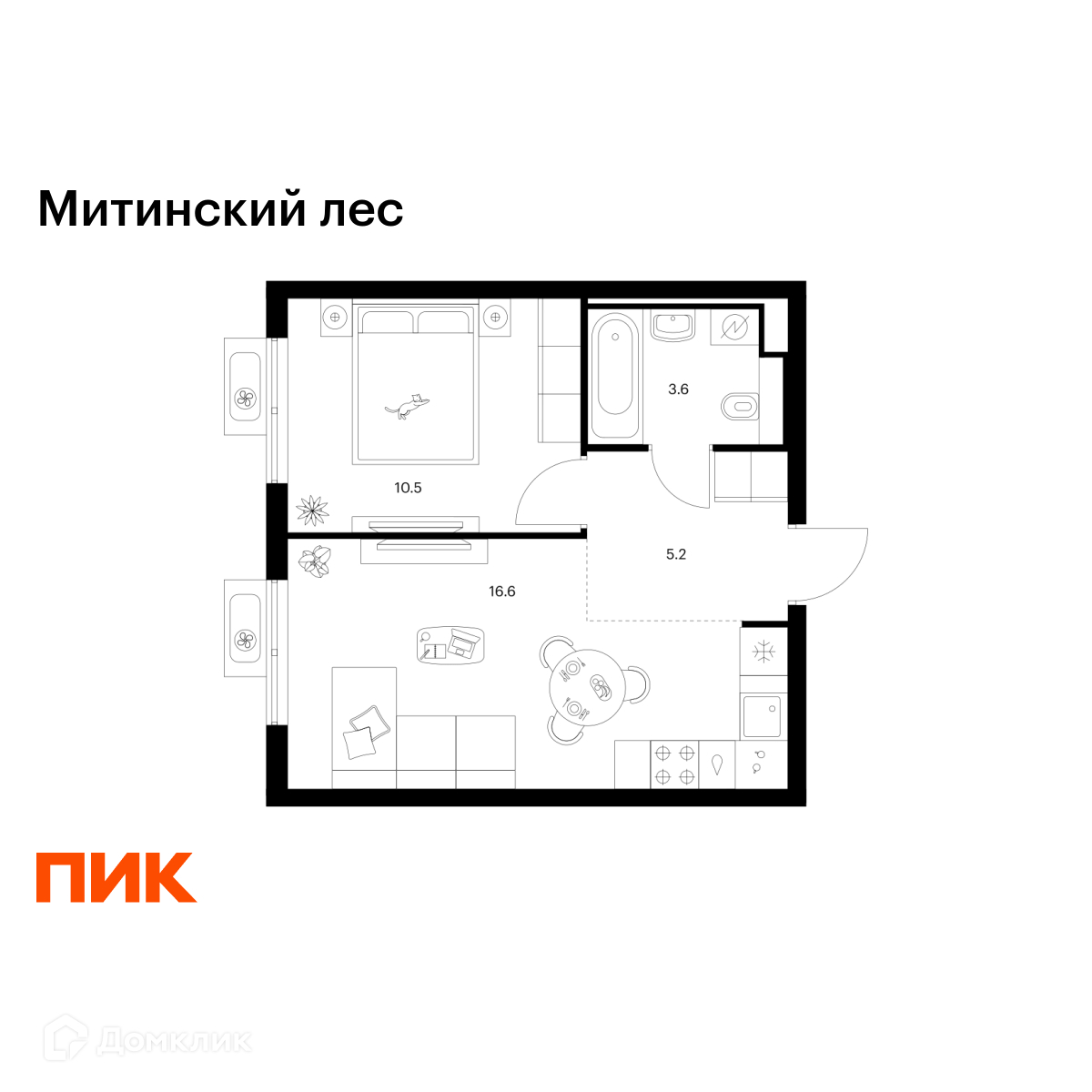 Планировка 1-комн. в ЖК «Митинский лес»