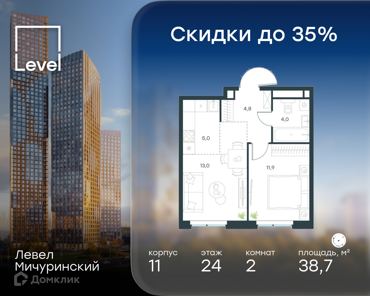 Планировка 2-комн. в ЖК «Левел Мичуринский»