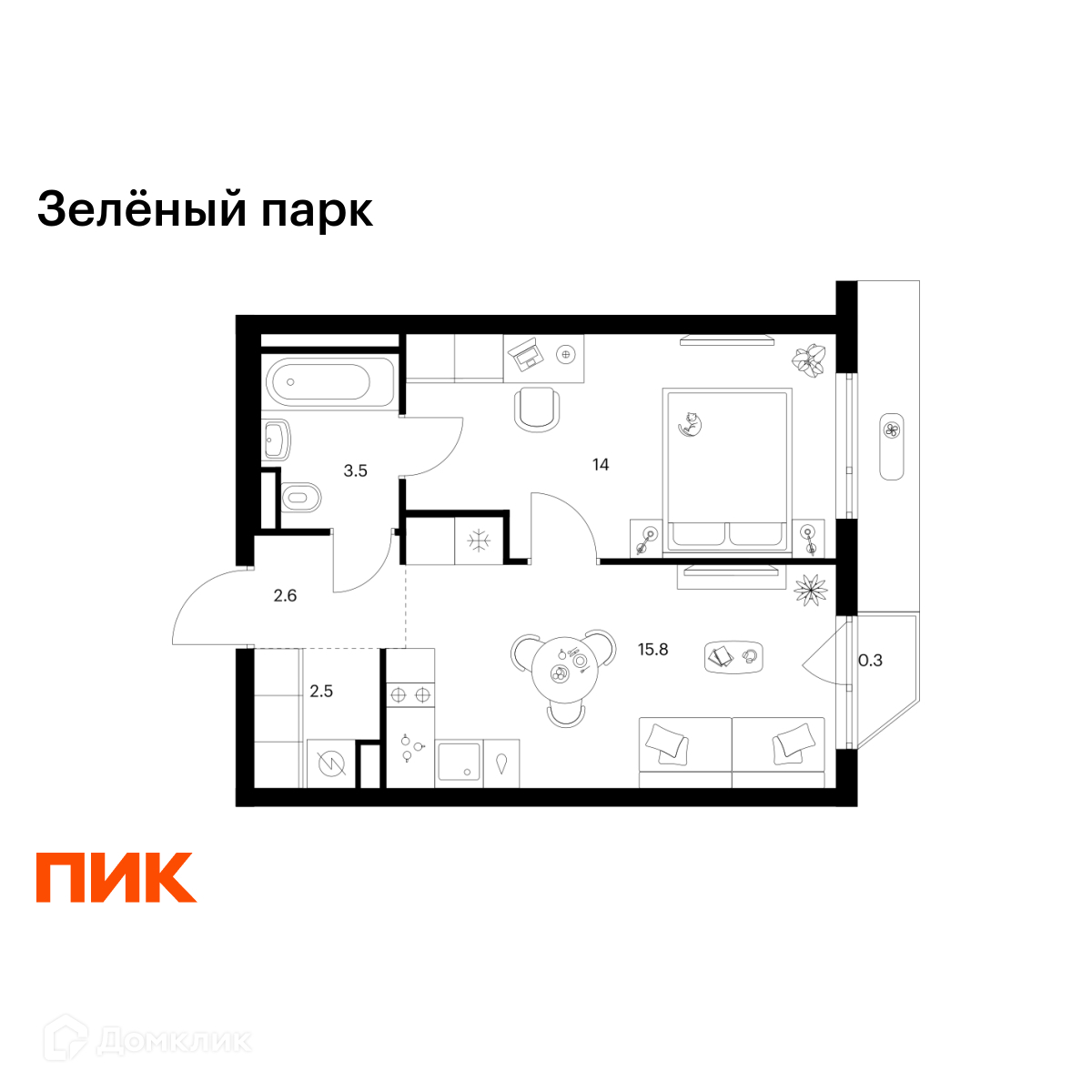 Планировка 1-комн. в ЖК «Зелёный парк»