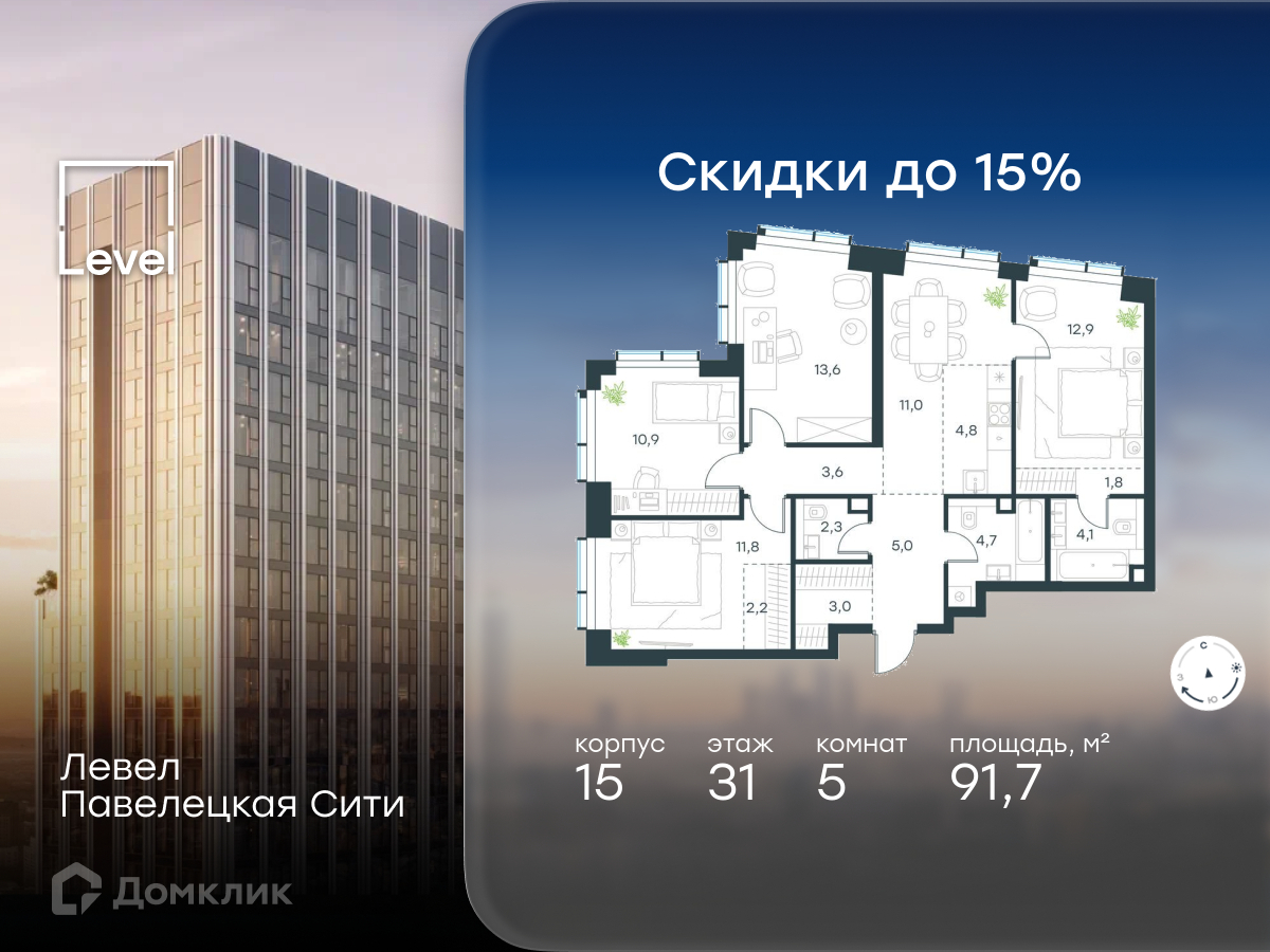 Планировка Пентхаус в ЖК «Левел Павелецкая Сити»