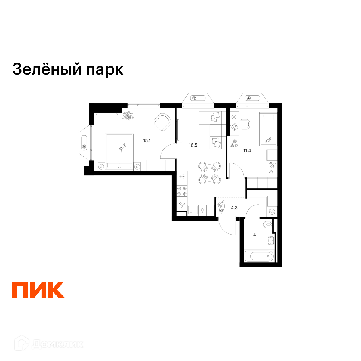 Планировка 2-комн. в ЖК «Зелёный парк»