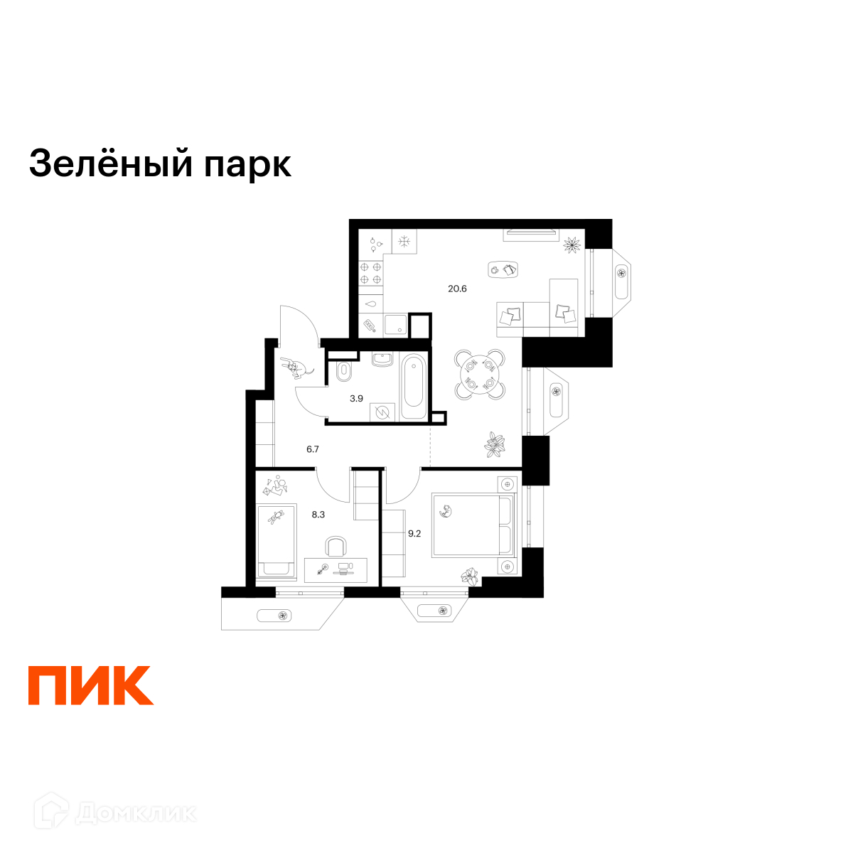 Планировка 2-комн. в ЖК «Зелёный парк»