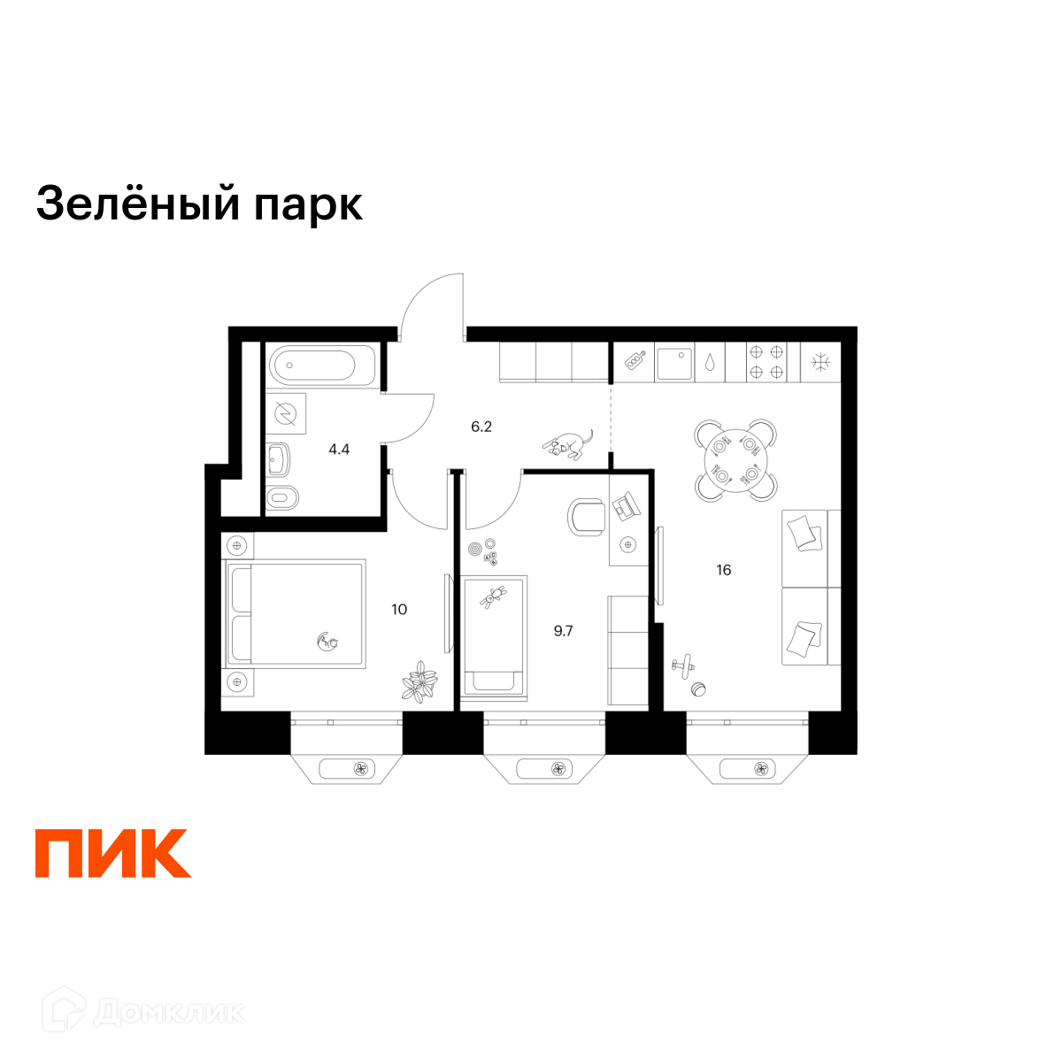 Планировка 2-комн. в ЖК «Зелёный парк»