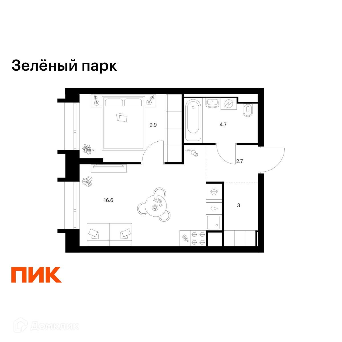 Планировка 1-комн. в ЖК «Зелёный парк»