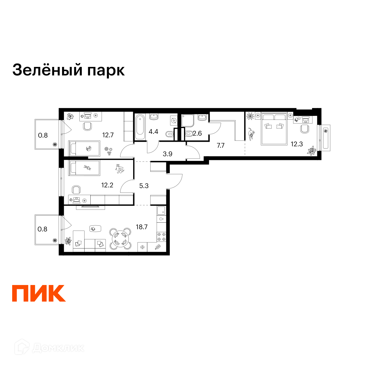 Планировка 3-комн. в ЖК «Зелёный парк»