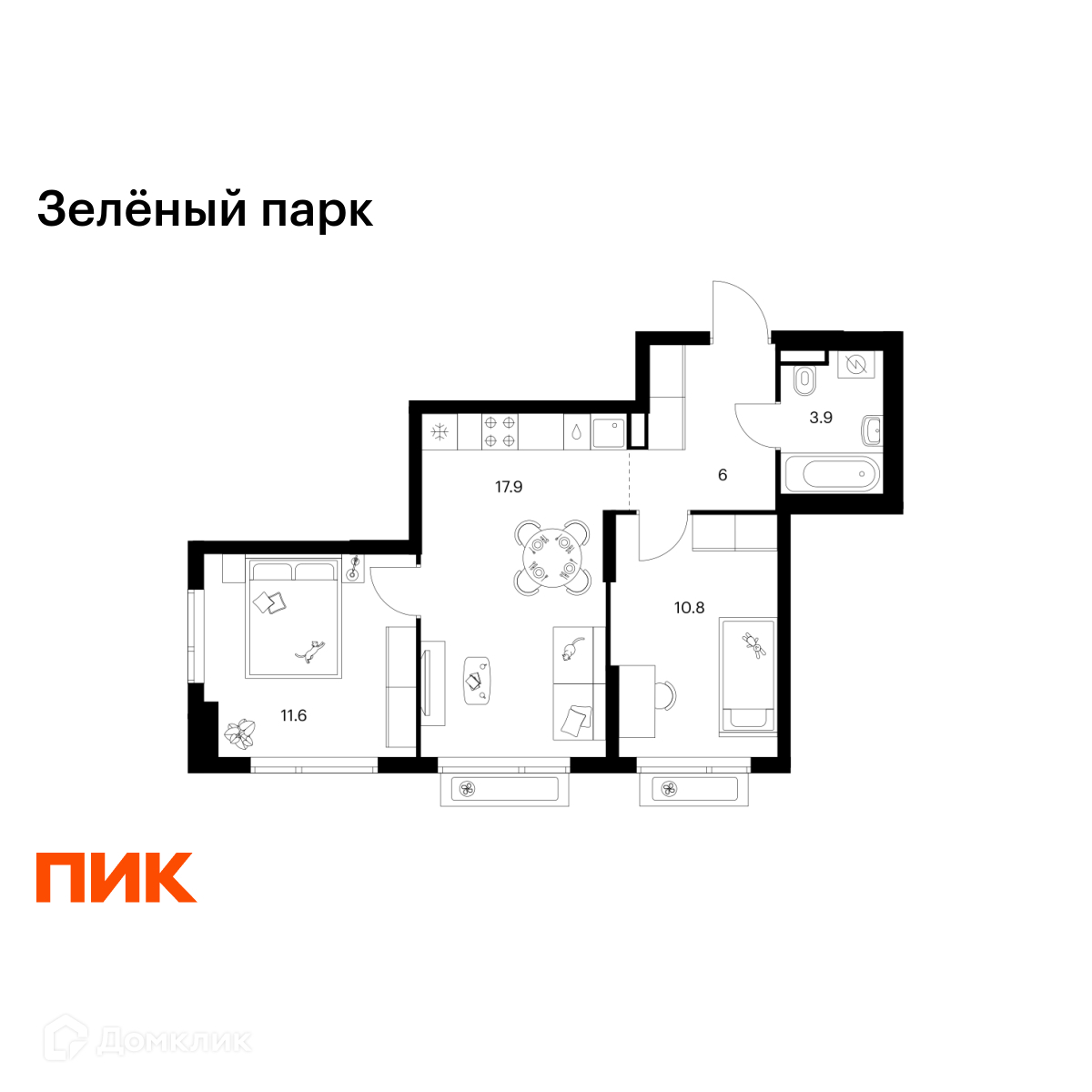 Планировка 2-комн. в ЖК «Зелёный парк»